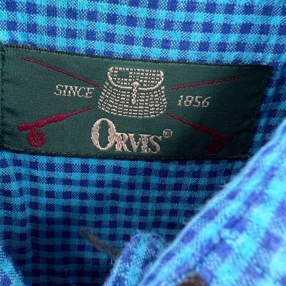 Orvis Men Shirt Medium Blue Gingham 100% Cotton Short Sleeve Button Front Pocket - Picture 4 of 8